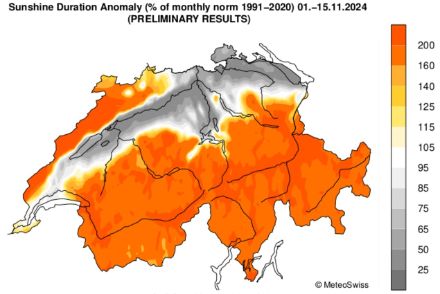Abweichung der Sonnenscheindauer (%) vom langjährigen Durchschnitt für die erste Novemberhälfte.