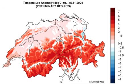 Abweichung der mittleren Temperatur vom langjährigen Durchschnitt für die erste Novemberhälfte.