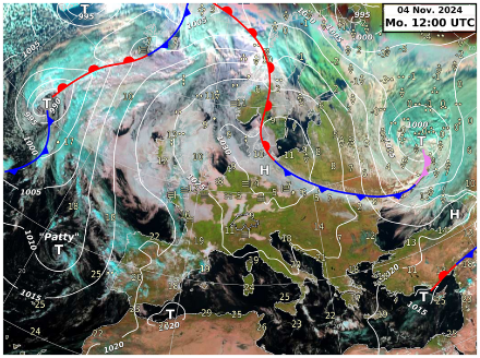 Synoptische Analyse vom 4. November 2024. Über Mitteleuropa herrscht Hochdruckwetter.