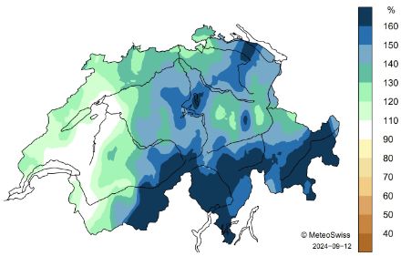 Schweizerkarte zur Niederschlagsverteilung im Frühling 2024.