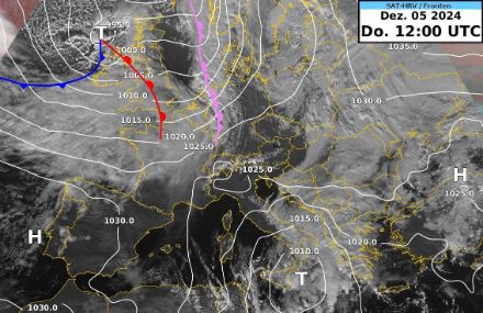 Satellitenbild mit eingezeichnetem Frontensystem: Die Warmfront überquert uns heute Abend und in der Nacht zum Freitag, die Kaltfront folgt am Freitagvormittag. 