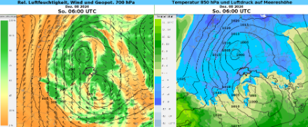 Wettersituation am Sonntagmorgen um 7 Uhr Lokalzeit gemäss dem Globalmodell IFS vom ECMWF. Links: Relative Luftfeuchtigkeit, geopotentielle Höhe und Wind auf 700 hPa. Rechts: Temperatur auf 850 hPa und Luftdruck auf Meereshöhe. Am Sonntagmorgen führte das ehemalige Sturmtief «Darragh» noch feuchtere Luft zur Westhälfte der Schweiz, der Osten befand sich bereits im Einflussbereich des Tiefs über Italien. 