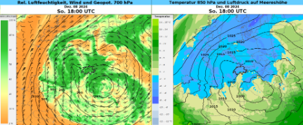 Wettersituation am Sonntagabend um 19 Uhr Lokalzeit gemäss dem Globalmodell IFS vom ECMWF. Links: Relative Luftfeuchtigkeit, geopotentielle Höhe und Wind auf 700 hPa. Rechts: Temperatur auf 850 hPa und Luftdruck auf Meereshöhe. Bis am Sonntagabend hatte sich das Tief über Frankreich praktisch aufgefüllt und das Tief über Italien wurde für uns wetterbestimmend. 