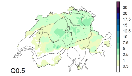 Median der täglichen Niederschlagsmenge [mm] aller zyklonalen Ostlagen im gesamten Jahr in der Zeitperiode 1961-2010. 