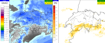 Median der 24 Stunden Summen für den Montag 09. Dezember 2024 gemäss dem Lokalmodell ICON CH 2E. Links Niederschlag, rechts Sonnenscheindauer. 
