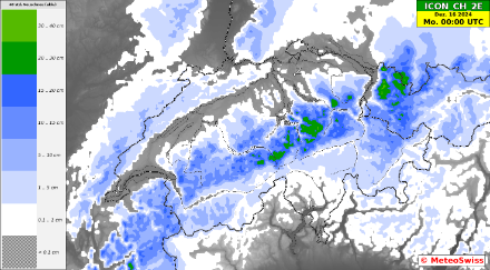 48-stündige Neuschneemenge am kommenden 3. Adventswochenende gemäss ICON CH2 Ensemble Median. Im Flachland ist voraussichtlich keine weisse Pracht zu erwarten, die Neuschneemengen am Alpennordhang sind in der Modellprognose voraussichtlich etwas zu hoch.