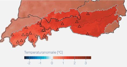 Temperaturanomalie für das Sommerhalbjahr 2024 im Vergleich zur Referenzperiode 1991-2020. Der Zeitraum Mai-Oktober 2024 war im Mittel über dem Alpenraum der drei Länder 0.6 bis 2 °C zu warm. 