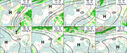 Entwicklung der Strömungslage des IFS-Modells in den kommenden Tagen bis zum 01.01.2025. Dargestellt ist das Geopotential auf 500 hPa (schwarze Linien), die Temperatur auf 500 hPa (rote Linien) und die relative Luftfeuchtigkeit auf 700 hPa (grüne Flächen). 