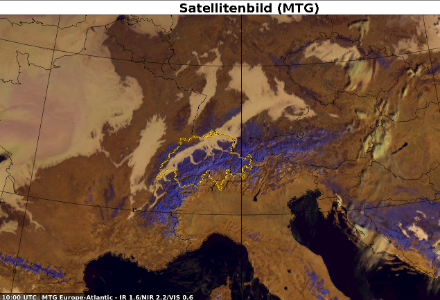 Das Satellitenbild zeigt die Nebel- und Hochnebelverteilung über Mitteleuropa. Schneebedeckte Flächen erscheinen auf dem Komposit bläulich.