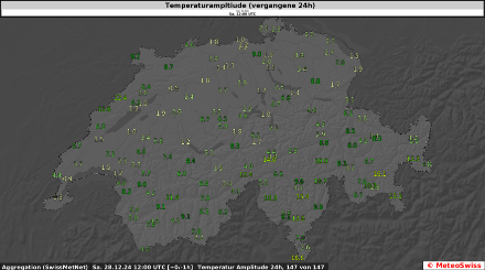 Temperaturamplitude der vergangenen 24 Stunden an ausgewählten MeteoSchweiz-Stationen.