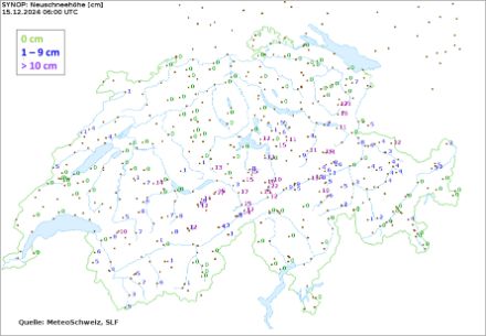 Manuelle Neuschneemessung (Tagesssumme) vom Sonntagmorgen, 15.12.2024. Oberhalb von rund 800 Metern sind vor allem am Alpennordhang 5 bis 15 cm, lokal 20 cm Neuschnee gefallen. An den automatischen Stationen des SLF waren es lokal bis 30 cm.