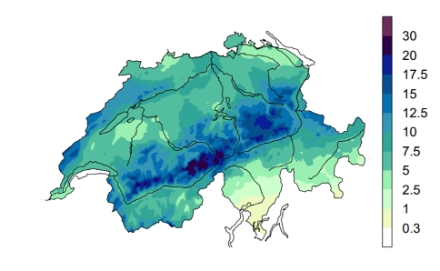 Mittlere tägliche Niederschlagsmenge [mm] aller zyklonalen  Nordwestlagen im Winter in der Zeitperiode 1961-2010 (361 Fälle). Die grössten Niederschlagsmengen werden nicht in den nördlichen Voralpen, sondern in den nördlichen Hochalpen gemessen, auch die südlich davon angrenzenden Gebiete, so etwa das Lötschental oder das Obergoms erhalten noch grosse Niederschlagsmengen.