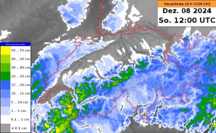 Vorhergesagte Neuschneemenge vom Wettermodell ICON-CH2 von Samstag 12 Uhr bis Sonntag 12 Uhr.