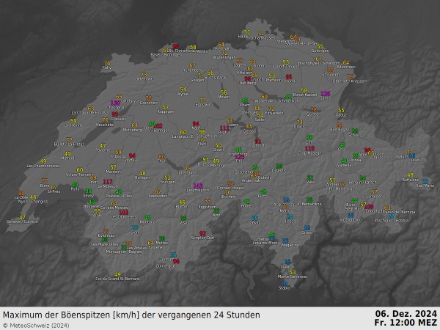 Maximale Böenspitzen (km/h) der vergangenen 24 Stunden von heute 12 Uhr.
