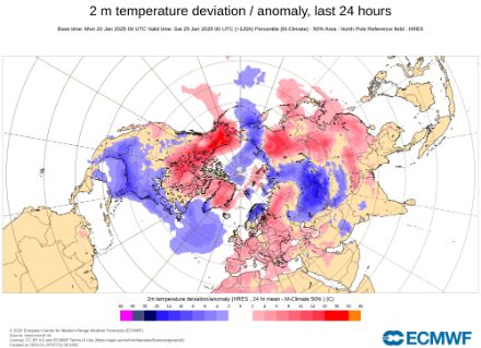 Anomalie der Temperatur auf 2 Meter über Boden. Vorhersage aus dem IFS Modell für den Donnerstag 24. Januar 2025.