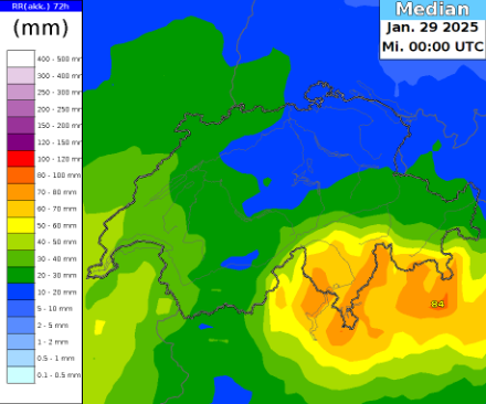 Vorhergesagte Niederschlagsmengen in Millimetern zwischen Sonntagmorgen und Dienstagabend laut dem Median des IFS-Ensemblemodells. Quelle: MeteoSchweiz und ECMWF