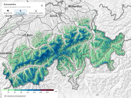 Karte der Schweiz mit eingezeichneten Neuschneehöhen.