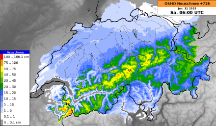 Neuschneeprognose bis Samstagmorgen, 11.01.2025. Der Schnee im Flachland wird aus heutiger Sicht ab Freitagnachmittag fallen. Quelle: MeteoSchweiz