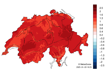 Schweizerkarte zur Temperaturverteilung im Jahr 2024. 