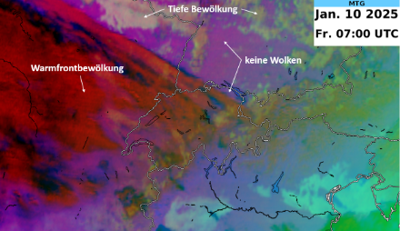 MTG Satellitenbild vom Freitag, 10. Januar 2025 um 8 Uhr MEZ. Besonders, aber nicht nur im Nordosten der Schweiz war der Himmel noch teilweise klar, sodass die Sonne die aus Westen aufziehende Warmfrontbewölkung beleuchten konnte.