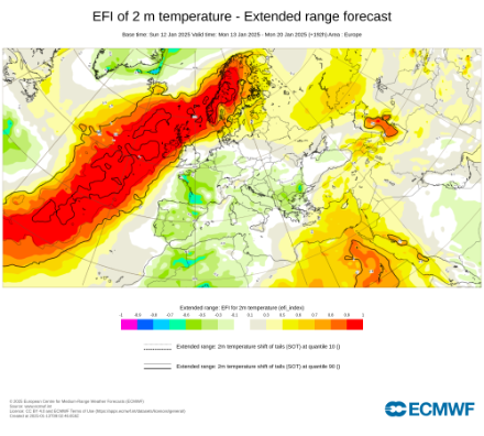 Extreme-Forecast-Index (EFI) des ECMWF für die 2-m-Temperatur in der Woche vom 13.01. bis 19.01.2025. Quelle: ECMWF