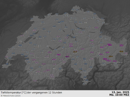 Tiefsttemperatur am Montagmorgen, 13.01.2025. Quelle: MeteoSchweiz