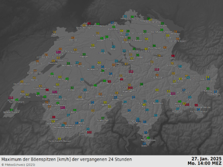 Böenspitzen bis Montag, 27.01.2025, 14 Uhr. Quelle: MeteoSchweiz