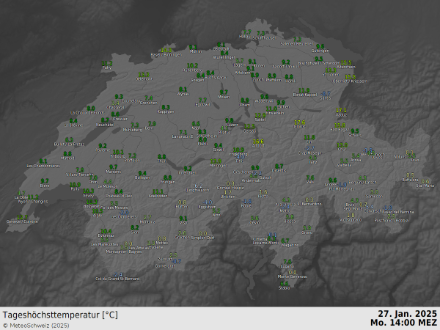 Tageshöchsttemperatur am Montag, 27.01.2025 bis 14 Uhr. Quelle: MeteoSchweiz