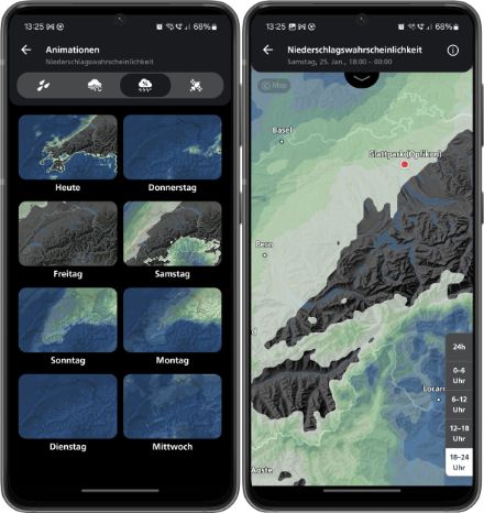 Niederschlagswahrscheinlichkeit auf der MeteoSchweiz App. Die Wochenvorschau ist unter „Animationen“ verfügbar. Wie auf der Website gibt es auch hier für jeden Tag eine detailliertere Übersicht (in 6-Stunden-Schritten).