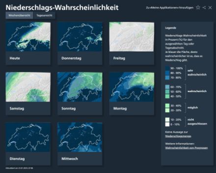 Niederschlagswahrscheinlichkeit auf der MeteoSchweiz Website. In diesem Beispiel sehen wir die Wochenvorschau mit der täglichen Niederschlagswahrscheinlichkeit. So ist die Niederschlagswahrscheinlichkeit am Sonntag beispielsweise im Jura, im westlichen Mittelland und auf der Alpensüdseite am höchsten, während sie nach Osten hin abnimmt. Alternativ besteht die Möglichkeit, sich für jeden Tag eine detailliertere Übersicht anzusehen, indem Sie oben links auf „Tagesansicht“ klicken.