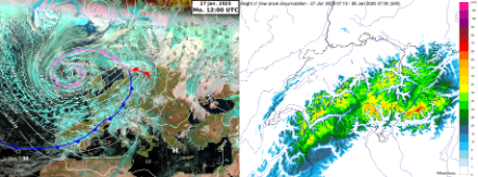 Links das Satellitenbild mit Fronten am 27.12.2025, 12 UTC und die geschätzte 24-stündige Neuschneehöhe aufgrund von Radarinformationen sowie Temperatur- und Niederschlagsmessungen am 28.01.2025, 6 UTC. 