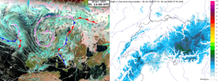 Links das Satellitenbild mit Fronten am 28.12.2025, 12 UTC und die geschätzte 24-stündige Neuschneehöhe aufgrund von Radarinformationen sowie Temperatur- und Niederschlagsmessungen am 29.01.2025, 6 UTC. 