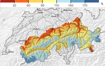 Die aktuelle Karte der «relativen Schneehöhe» des SLF zeigt die Verteilung der Schneehöhe in % im Vergleich zur Referenzperiode von 1991-2010.