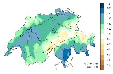 Karte zu den Niederschlagssummen im Januar in der Schweiz.