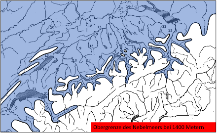 Durchschnittliche Ausdehnung des Hochnebels (blau hinterlegt) bei Bisenlagen in den Wintern 1968/69 bis 1974/75. Aus Bedingung wurde in den Bergen sonniges Wetter mit mindestens 80 % relativer Sonenscheindauer gefordert. Die Zahlenwerte bedeuten die relative Sonnenscheindauer [%] an verschiedenen Messstationen von MeteoSchweiz.