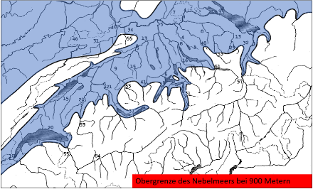 Durchschnittliche Ausdehnung des Hochnebels (blau hinterlegt) bei ausgeglichenen Druckverhältnissen in den Wintern 1968/69 bis 1974/75. Aus Bedingung wurde in den Bergen sonniges Wetter mit mindestens 80 % relativer Sonenscheindauer gefordert. Die Zahlenwerte bedeuten die relative Sonnenscheindauer [%] an verschiedenen Messstationen von MeteoSchweiz.