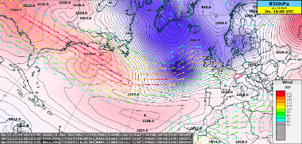 Luftdruck auf Meeresniveau als Isolinien und Isoflächen sowie Jetsream auf 300 hPa (rund 9000 Metern) als Pfeile für Donnerstag den 24. Januar 2025.