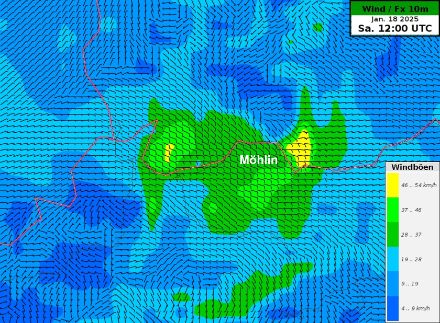 Vorhersage vom Wettermodell ICON-CH1 des Bodenwinds für Samstag 18.1.2025 12 UTC. Gut erkennbar sind die höheren Windgeschwindigkeiten in der Region Möhlin.