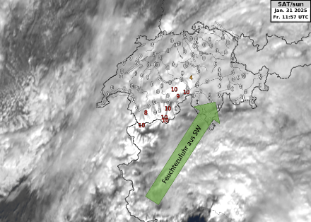 Satellitenbild und 10-Minütige Sonnenscheindauer an unseren Messstationen. 
