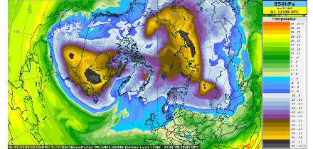Temperatur auf 850 hPa (rund 1500 Meter) aus dem IFS Modell.