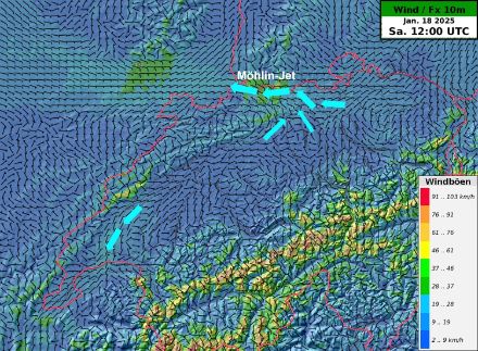 Bodenwind mit Windpfeilen und Böen (Farbfläche) in km/h, Vorhersage für Samstag 18.1.2025 12 UTC.. Die Kaltluft fliesst durch die tiefste Stelle des Mittellands bei der Aaremündung in den Rhein sowie zum Teil auch über die etwas weniger tiefe Stelle in der Westschweiz.