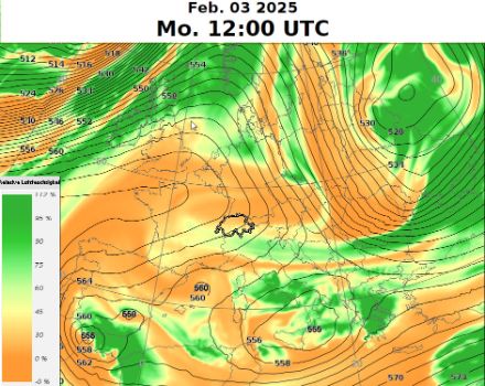 Abbildung 2: Geopotential auf 500 hPa und relative Feuchte (in Farbe) auf 500 hPa (ca. 5500 m). Die Schweiz liegt am Ostrand eines Höhenrückens, der sich vom Atlantik bis nach Mitteleuropa erstreckt. 