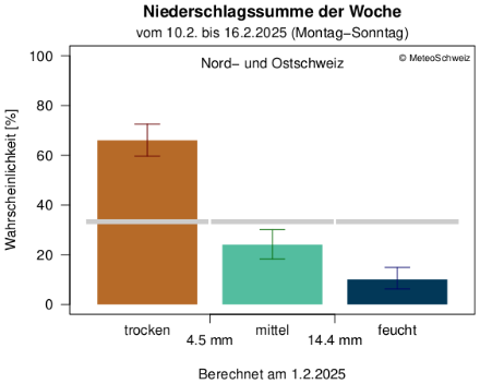 Abbildung 2: Ausblick Niederschlagssumme der Woche vom 10.2. bis 16.2.2025. Erklärungen im Text.  