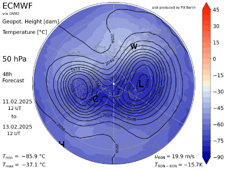 IFS Vorhersage des Geopotentials (schwarze Linien) und der Temperatur (Farbflächen) auf 50 hPa (mittlere Stratosphäre) für Donnerstag, 13. Februar. Der Polarwirbel ist in zwei Kerne aufgesplittet, wobei einer über Nordamerika liegt (links im Bild).