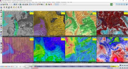 Eine typische Visualisierung eines Modells bei der MeteoSchweiz, in diesem Fall IFS_HRES_EU. Jedes der Fenster stellt verschiedene Parameter auf verschiedenen Höhen darf. Beispielsweise ist oben links die Windstärke auf der Höhe der 300 hPa Druckfläche zu sehen, was die Lage des Jetstreams erkennen lässt.