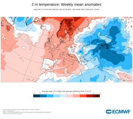 Erwartete Temperaturabweichung für die Woche vom 24.02. bis 03.03.2025 (rot zu warm, blau zu kalt). Quelle: ECMWF
