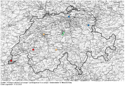 Abbildung 1: Karte der Stationspaare, deren Daten für die Nebel/Hochnebelerkennung gebraucht wurden