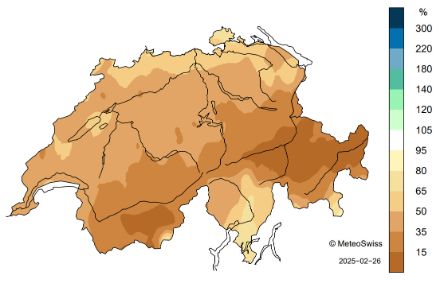 Schweizerkarte zur Niederschlagsverteilung im Februar.