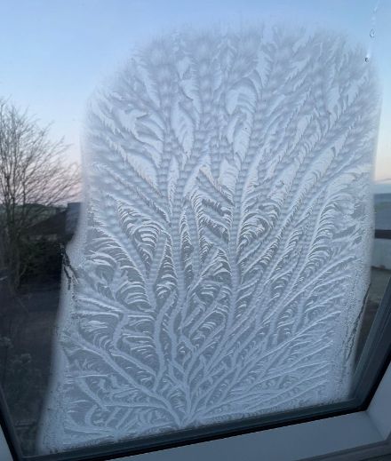 Eisblumen an einem Dachfenster in Henggart ZH