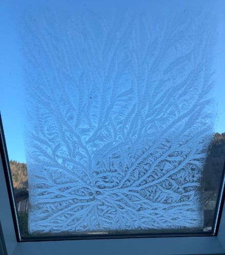 Heute Morgen an einem Dachfenster in St-Sulpice NE. Eisblumen können in den unterschiedlichsten Formen daherkommen.